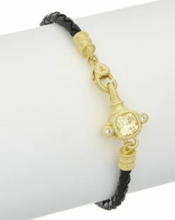 Hot Sale 🎉 Judith Ripka 14K Over Silver & Leather 0.12 Ct. Tw. White Topaz & CZ Bracelet 👩 Women Bracelets 👍