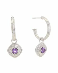 Promo ✔️ Judith Ripka Julian Silver 1.00 Ct. Tw. Amethyst Charm Hoops 👩 Women Earrings 😀