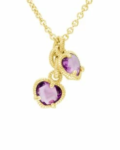 Hot Sale ⌛ Judith Ripka La Petite 14K Over Silver Pink Corundum CZ Double Heart Necklace 👩 Women Necklaces 🛒