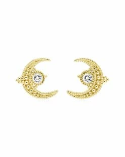 New ⭐ Judith Ripka Little Jewels 14K Over Silver White Topaz Moon Studs 👩 Women Earrings 🥰